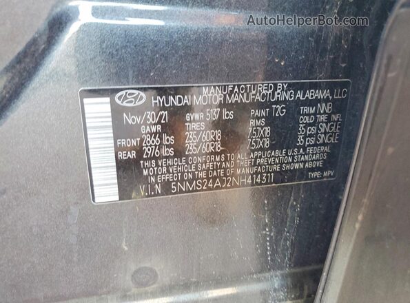 5NMS24AJ2NH414311 2022 HYUNDAI SANTA Gray VIN კოდის სტიკერის ხედი