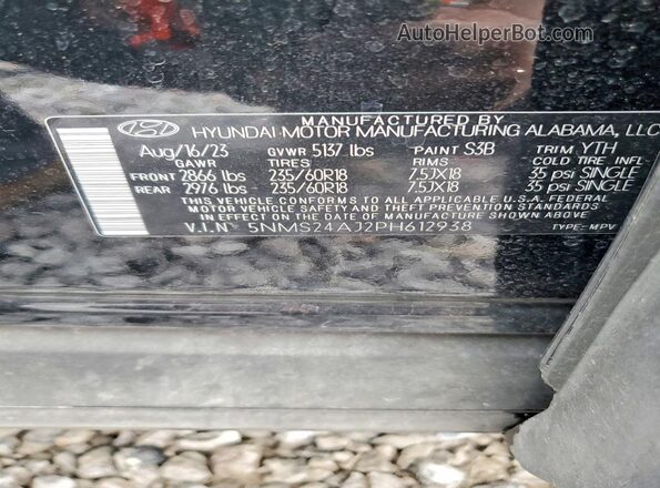 5NMS24AJ2PH612938 2023 HYUNDAI SANTA Black VIN კოდის სტიკერის ხედი