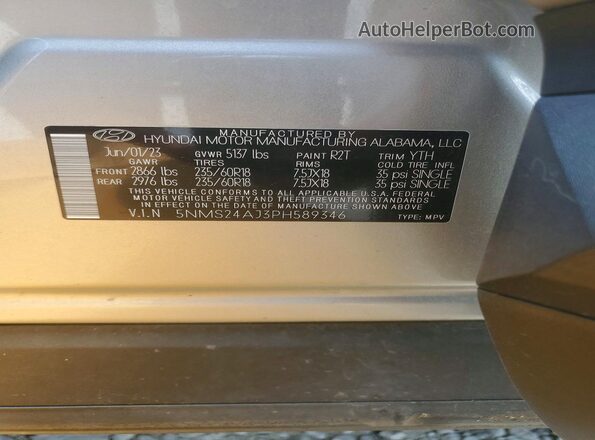 5NMS24AJ3PH589346 2023 HYUNDAI SANTA Silver VIN sticker view