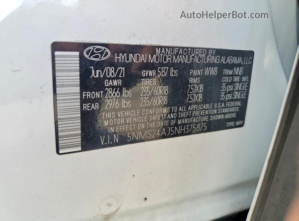 5NMS24AJ5NH375875 2022 HYUNDAI SANTA Белый Вид наклейки с VIN-кодом