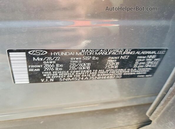 5NMS24AJ5NH448730 2022 HYUNDAI SANTA Silver Vista de la etiqueta del VIN