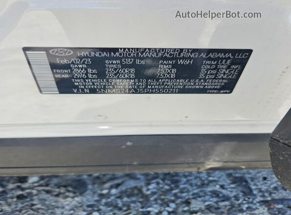 5NMS24AJ5PH550211 2023 HYUNDAI SANTA White VIN կոդի պիտակի տեսք