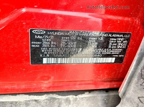 5NMS24AJ6MH350840 2021 HYUNDAI SANTA Red VIN sticker view
