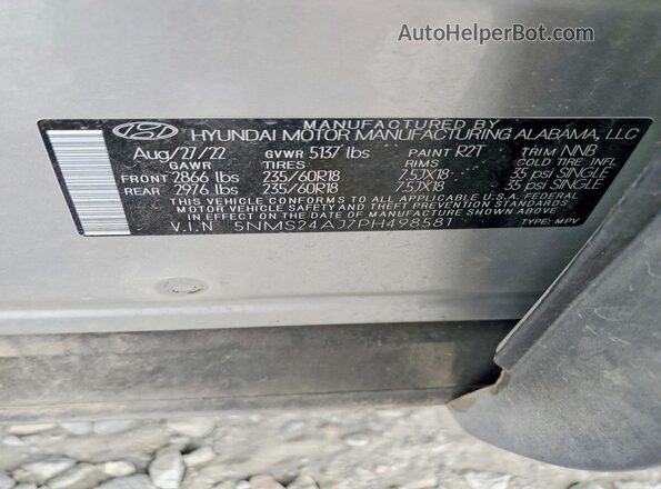 5NMS24AJ7PH498581 2023 HYUNDAI SANTA Silver VIN sticker view