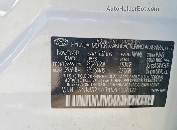 5NMS24AJ8MH307021 2021 HYUNDAI SANTA White Widok naklejki z numerem VIN