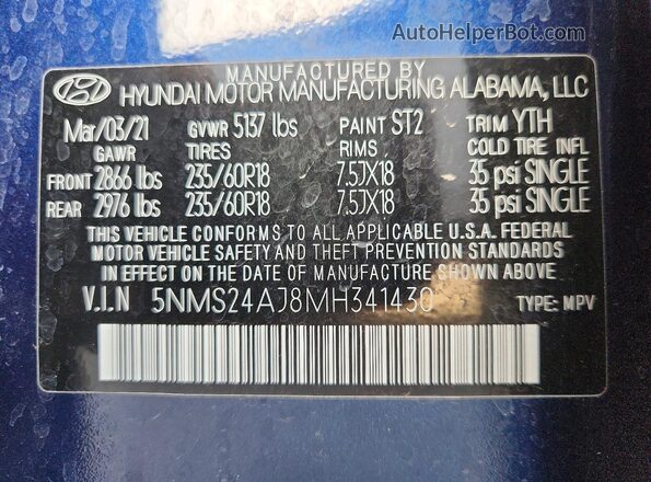 5NMS24AJ8MH341430 2021 HYUNDAI SANTA Blue VIN կոդի պիտակի տեսք