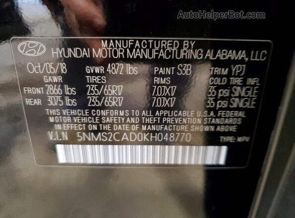 5NMS2CAD0KH048770 2019 HYUNDAI SANTA Black Widok wnętrza 360 stopni