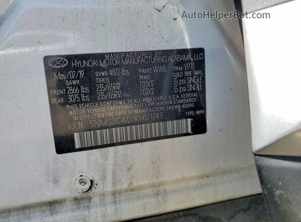 5NMS2CAD1KH121743 2019 HYUNDAI SANTA White ძრავის განყოფილების ხედი