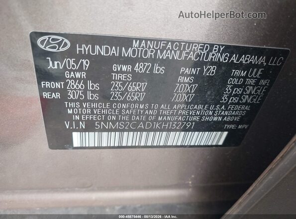 5NMS2CAD1KH132791 2019 HYUNDAI SANTA FE Белый Вид подкапотного пространства