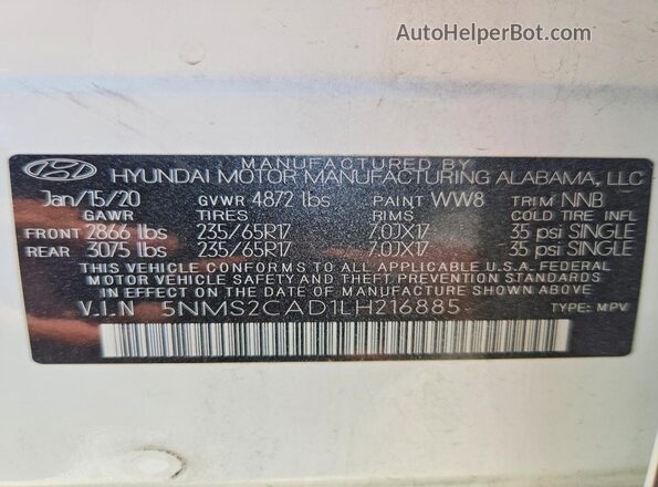 5NMS2CAD1LH216885 2020 HYUNDAI SANTA White Вид підкапотного простору