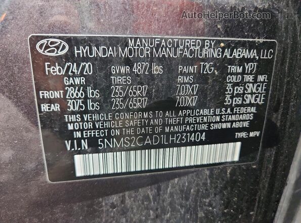 5NMS2CAD1LH231404 2020 HYUNDAI SANTA Gray Вид наклейки з VIN-кодом