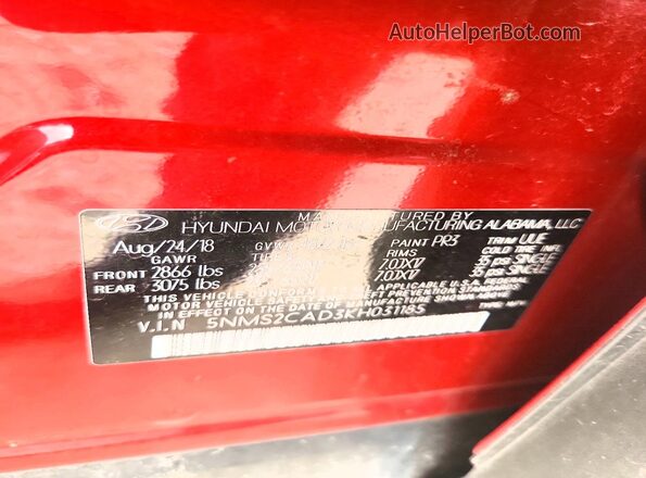 5NMS2CAD3KH031185 2019 HYUNDAI SANTA Red Вид підкапотного простору