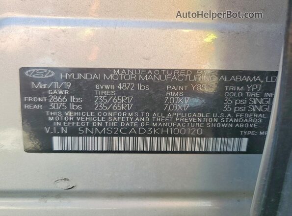 5NMS2CAD3KH100120 2019 HYUNDAI SANTA Silver VIN კოდის სტიკერის ხედი