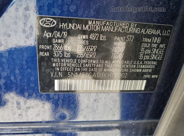 5NMS2CAD3KH110002 2019 HYUNDAI SANTA Blue VIN sticker view