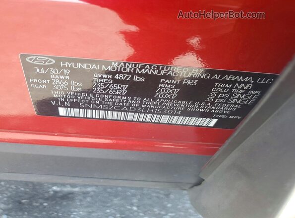 5NMS2CAD3LH153014 2020 HYUNDAI SANTA Красный Вид подкапотного пространства