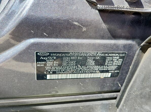 5NMS2CAD4KH021166 2019 HYUNDAI SANTA Серый Вид подкапотного пространства