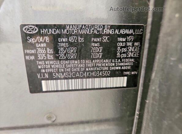 5NMS2CAD4KH034502 2019 HYUNDAI SANTA Угольный Панорамный вид салона 360°