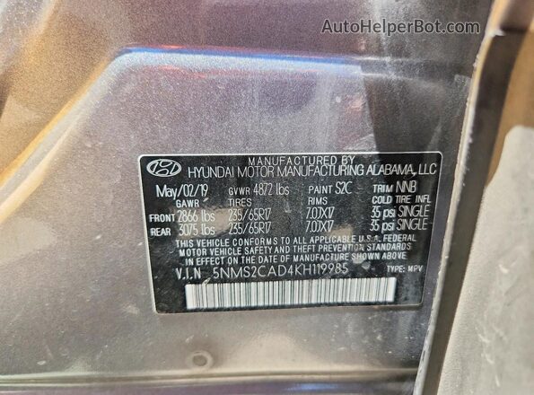 5NMS2CAD4KH119985 2019 HYUNDAI SANTA Серый Вид наклейки с VIN-кодом