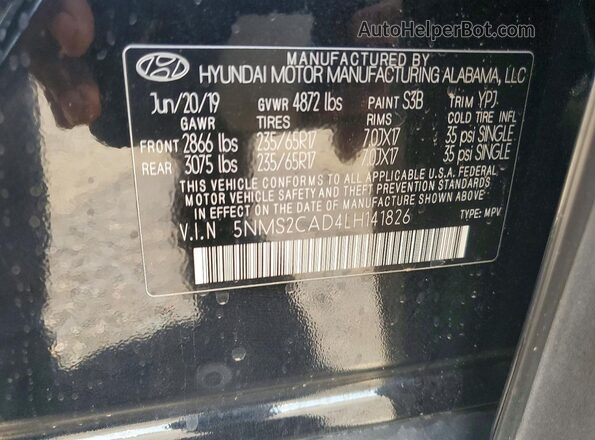 5NMS2CAD4LH141826 2020 HYUNDAI SANTA Black Вид наклейки з VIN-кодом