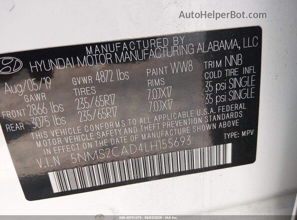 5NMS2CAD4LH155693 2020 HYUNDAI SANTA FE White Vista del compartimento del motor