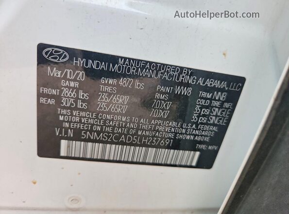 5NMS2CAD5LH237691 2020 HYUNDAI SANTA Белый Вид подкапотного пространства