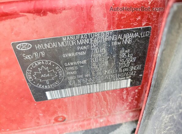 5NMS2CAD6LH176142 2020 HYUNDAI SANTA Red Vista del compartimento del motor