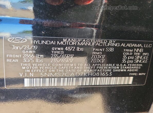5NMS2CAD7KH081653 2019 HYUNDAI SANTA Black Widok naklejki z numerem VIN