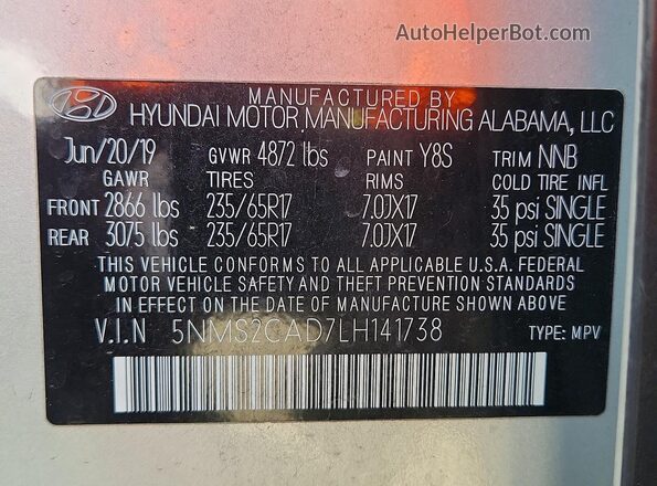 5NMS2CAD7LH141738 2020 HYUNDAI SANTA Серебряный Вид наклейки с VIN-кодом