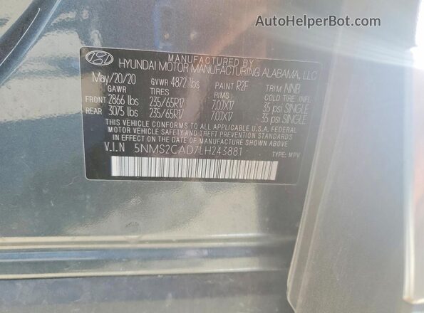 5NMS2CAD7LH243881 2020 HYUNDAI SANTA Gray VIN sticker view