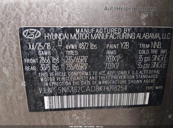 5NMS2CAD8KH018254 2019 HYUNDAI SANTA FE Gray Engine compartment view
