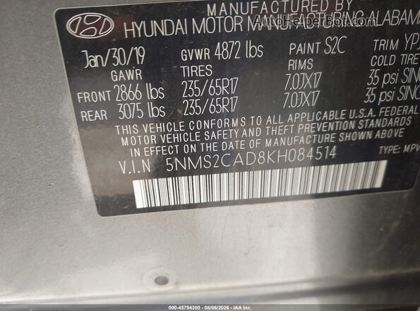 5NMS2CAD8KH084514 2019 HYUNDAI SANTA FE Gray Շարժիչի բաժամունքի տեսք