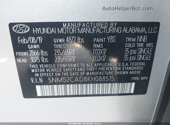 5NMS2CAD8KH088515 2019 HYUNDAI SANTA FE Silver Շարժիչի բաժամունքի տեսք