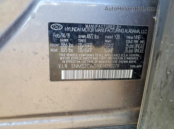 5NMS2CADXKH090279 2019 HYUNDAI SANTA Серый Вид подкапотного пространства