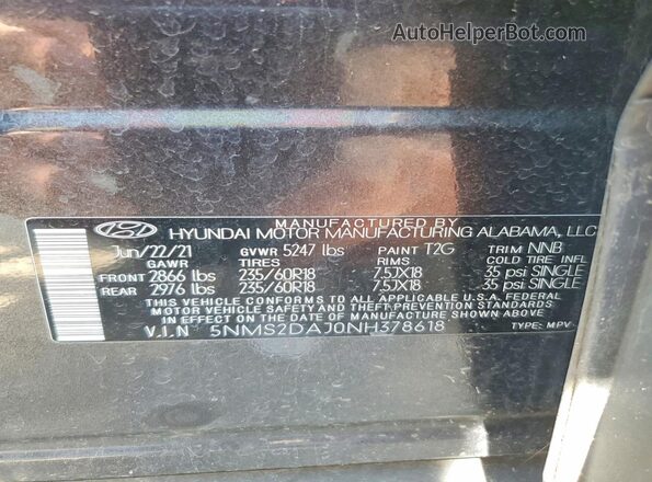 5NMS2DAJ0NH378618 2022 HYUNDAI SANTA Gray Вид наклейки з VIN-кодом
