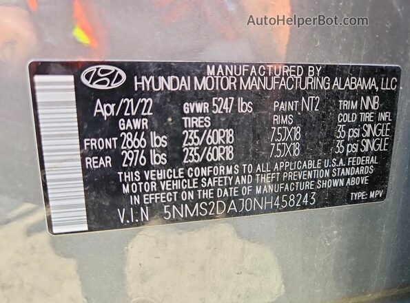 5NMS2DAJ0NH458243 2022 HYUNDAI SANTA Gray Vista interior de 360 grados