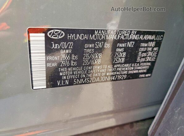 5NMS2DAJ0NH471929 2022 HYUNDAI SANTA Gray VIN sticker view