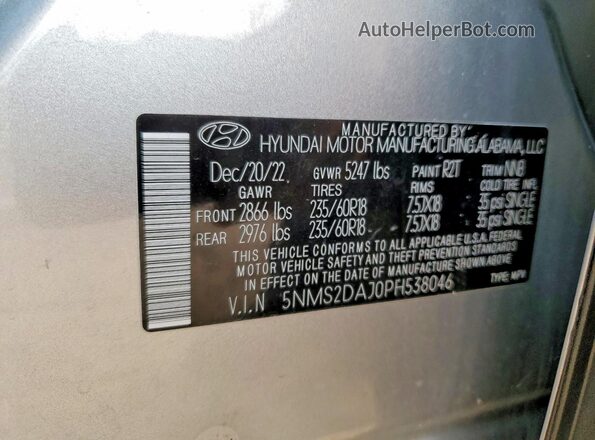 5NMS2DAJ0PH538046 2023 HYUNDAI SANTA Silver Vista de la etiqueta del VIN