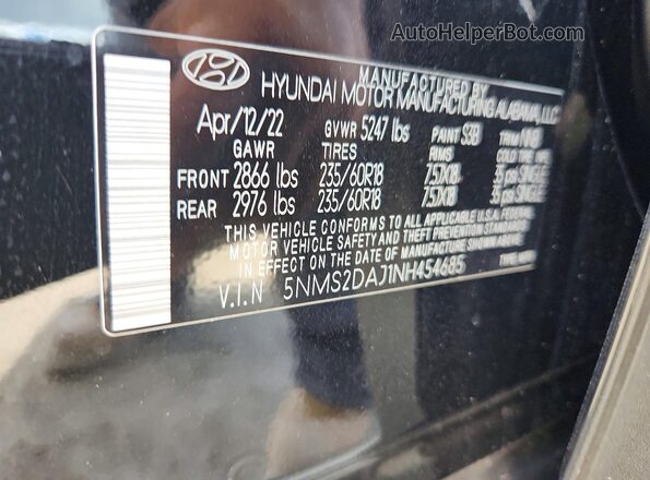 5NMS2DAJ1NH454685 2022 HYUNDAI SANTA Black Вид наклейки з VIN-кодом