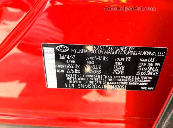 5NMS2DAJ1NH482051 2022 HYUNDAI SANTA Red Vista de la etiqueta del VIN