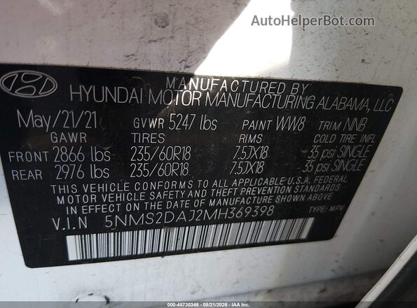 5NMS2DAJ2MH369398 2021 HYUNDAI SANTA FE White VIN sticker view