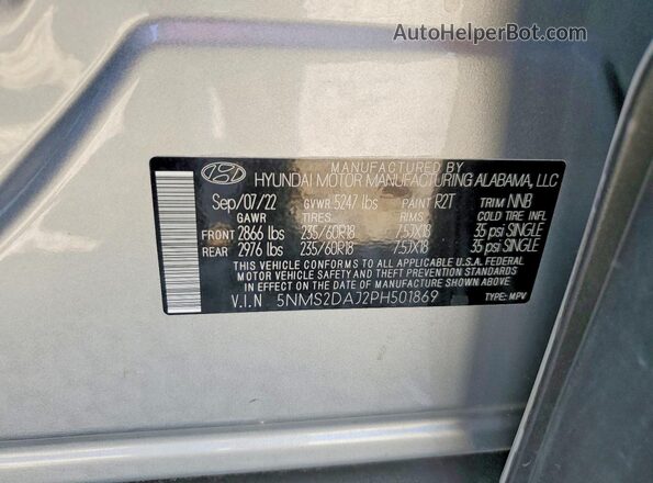 5NMS2DAJ2PH501869 2023 HYUNDAI SANTA Silver VIN կոդի պիտակի տեսք