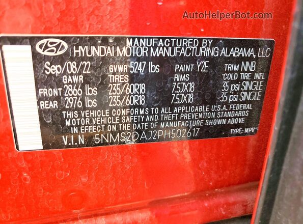 5NMS2DAJ2PH502617 2023 HYUNDAI SANTA Красный Панорамный вид салона 360°