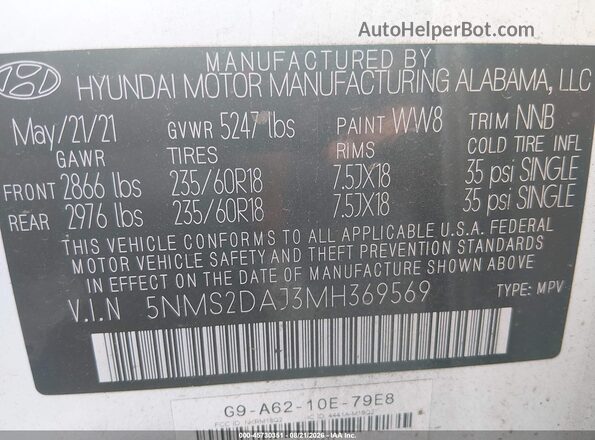 5NMS2DAJ3MH369569 2021 HYUNDAI SANTA FE White Engine compartment view