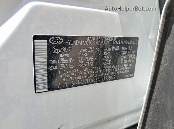5NMS2DAJ3NH397003 2022 HYUNDAI SANTA White Widok naklejki z numerem VIN
