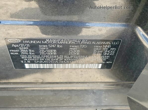 5NMS2DAJ4MH361285 2021 HYUNDAI SANTA Gray Widok naklejki z numerem VIN
