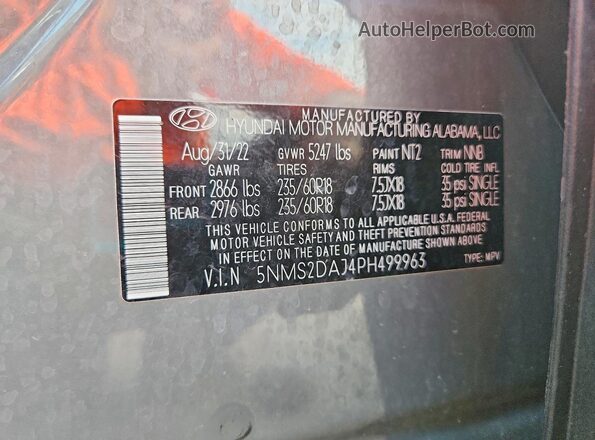 5NMS2DAJ4PH499963 2023 HYUNDAI SANTA Gray Vista de la etiqueta del VIN