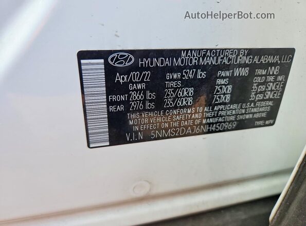 5NMS2DAJ6NH450969 2022 HYUNDAI SANTA White 360 interior view