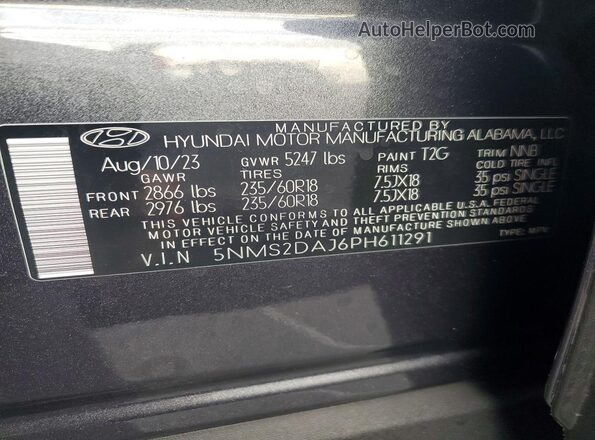 5NMS2DAJ6PH611291 2023 HYUNDAI SANTA Серый Вид наклейки с VIN-кодом
