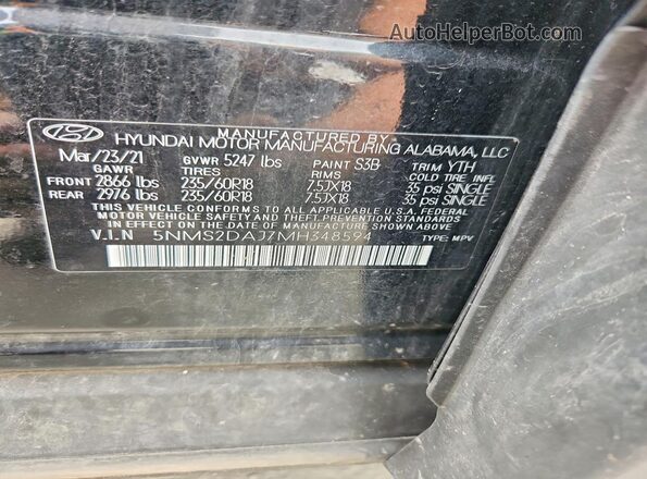 5NMS2DAJ7MH348594 2021 HYUNDAI SANTA Black VIN կոդի պիտակի տեսք