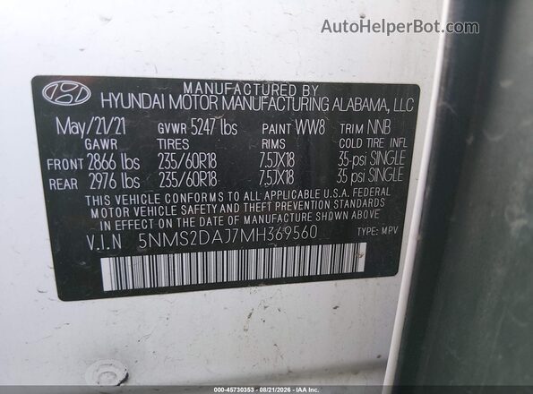 5NMS2DAJ7MH369560 2021 HYUNDAI SANTA FE White VIN sticker view